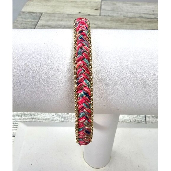stella & dot pink multi color & gold tone braided fringe tassel cuff bracelet - Picture 1 of 4